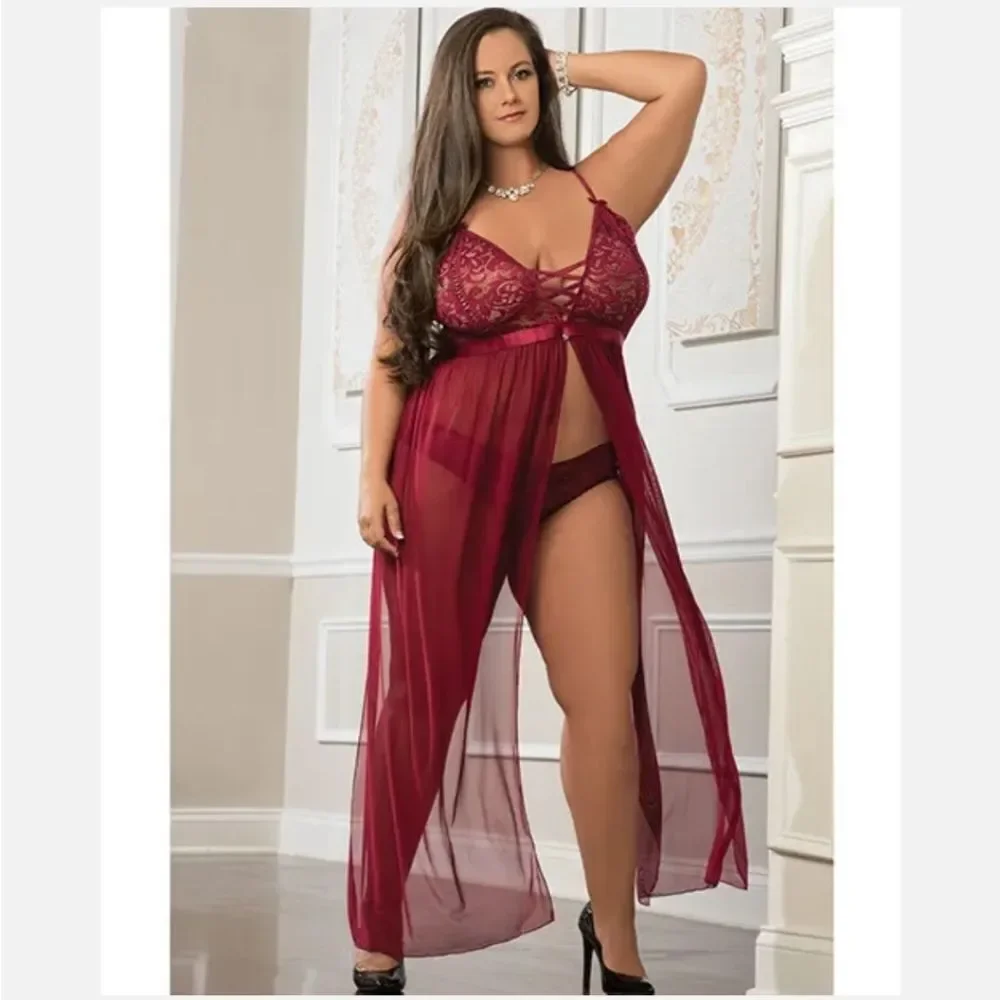 2 Pc Empire Waist Laced Sheer Long Dress and Panty - Mulled Wine